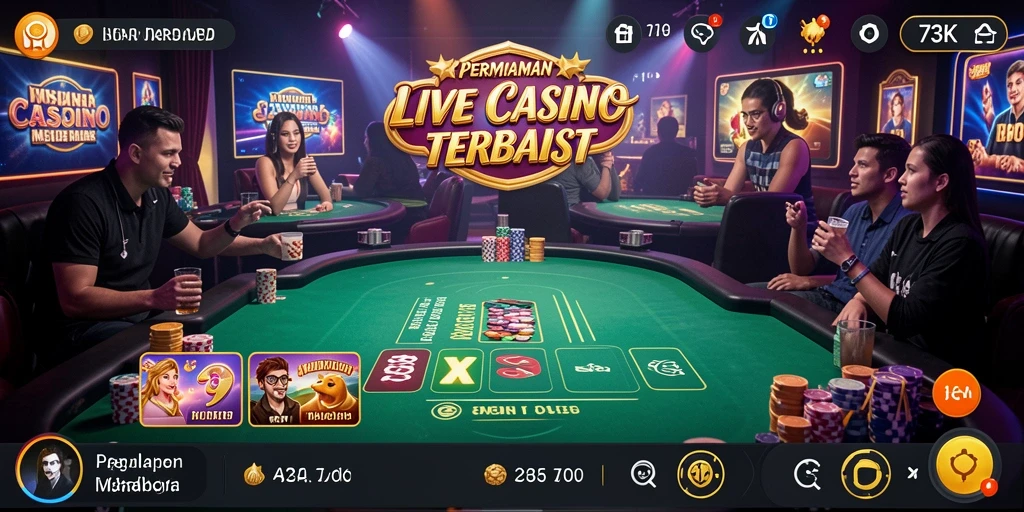 Screenshot menunjukkan dealer profesional sedang berinteraksi dengan pemain di Live Casino.