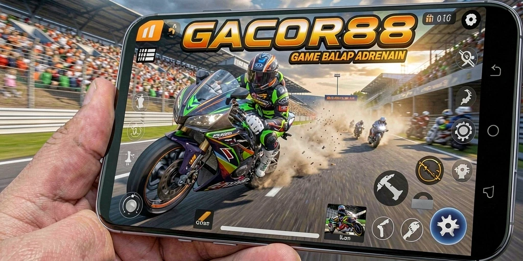 Tampilan gameplay mendebarkan dalam GACOR88 saat balap motor.