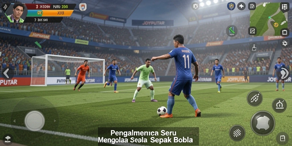 Gameplay action-packed dalam JOYPUTAR yang menampilkan pertandingan sepak bola.