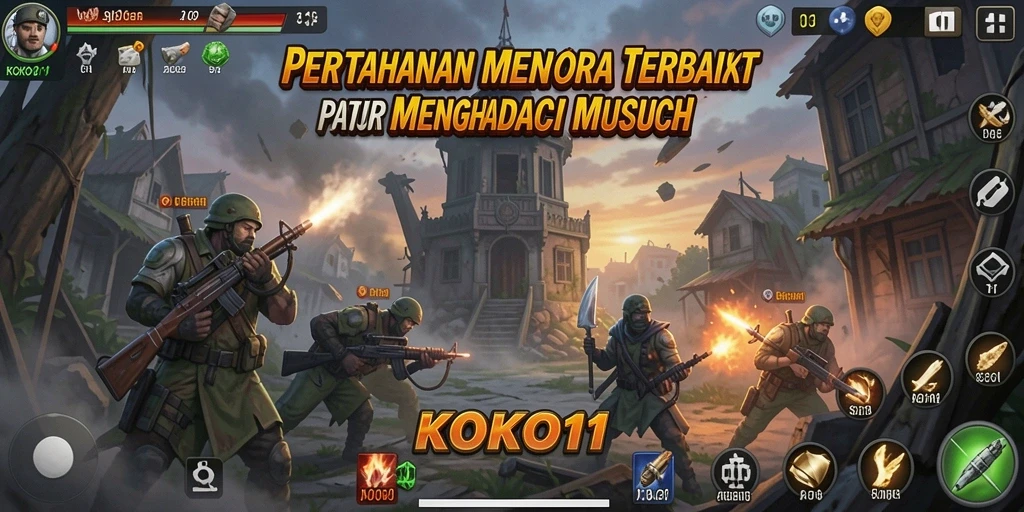 Gameplay KOKO11 menampilkan menara dan musuh dalam aksi Tower Defense.