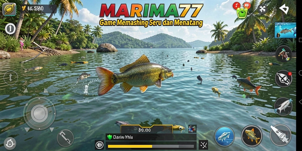 Screenshot gameplay MARIMA77 menampilkan suasana memancing yang menakjubkan.
