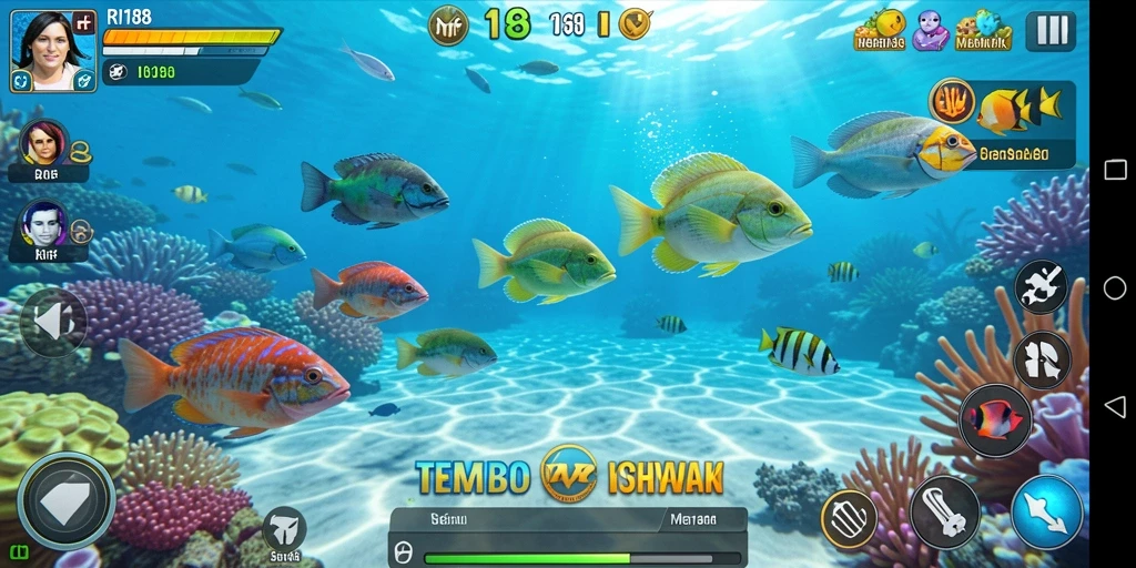 Tampilan gameplay RI188 dengan berbagai ikan yang menunggu untuk ditembak.