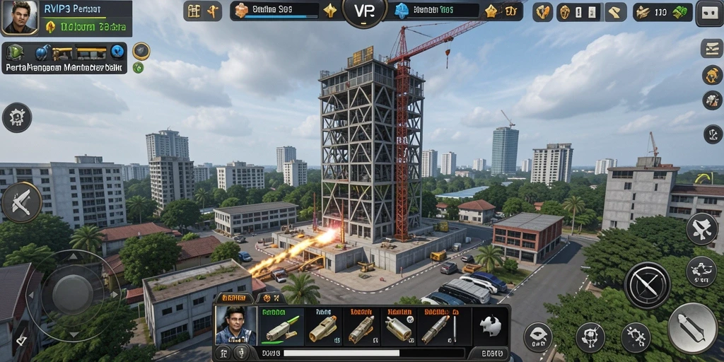Tampilan gameplay menarik dari RVIP3 dengan menara yang sedang beraksi.